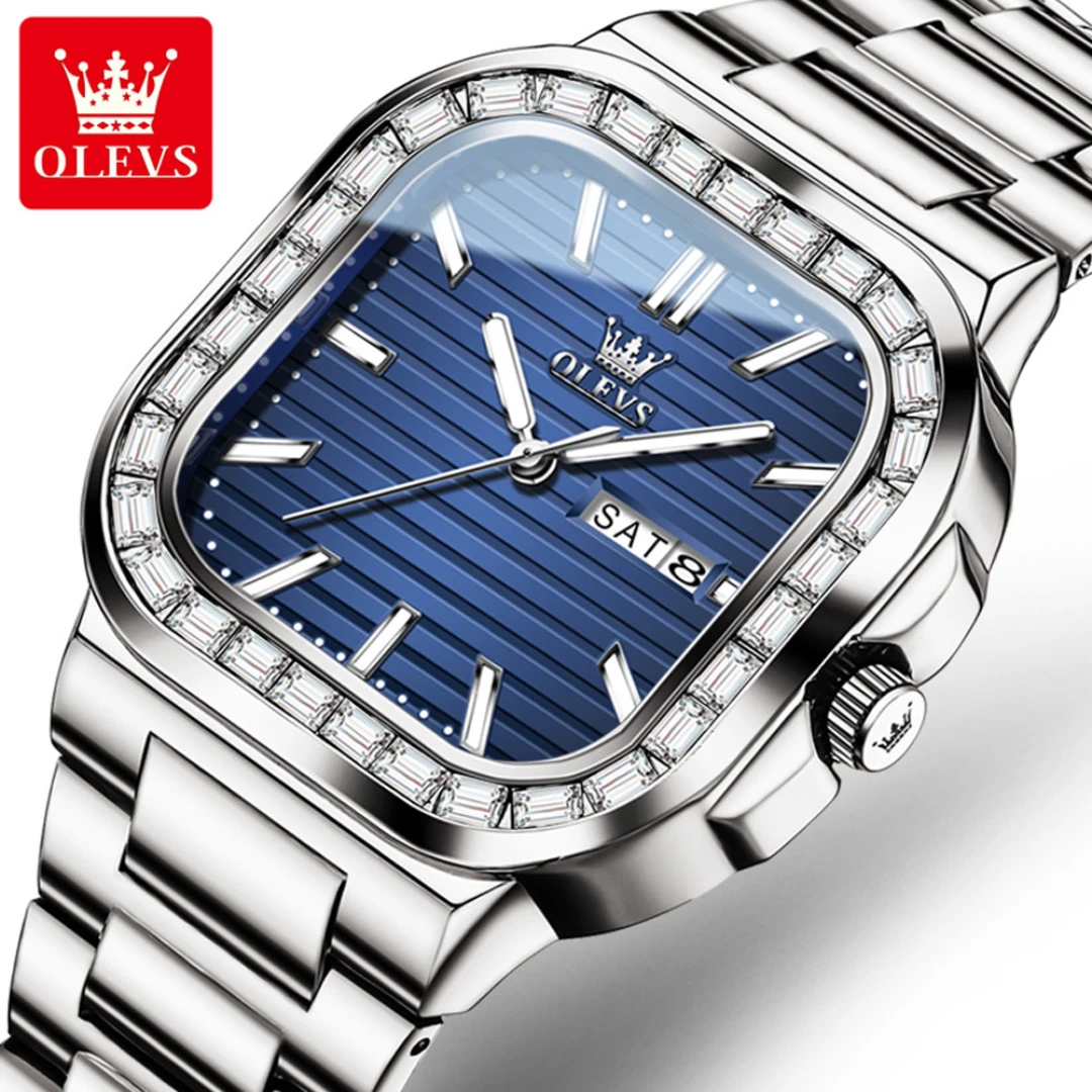 

OLEVS 9966 Fashion Quartz Watch Gift Square-dial Stainless Steel Watchband Week Display Calendar