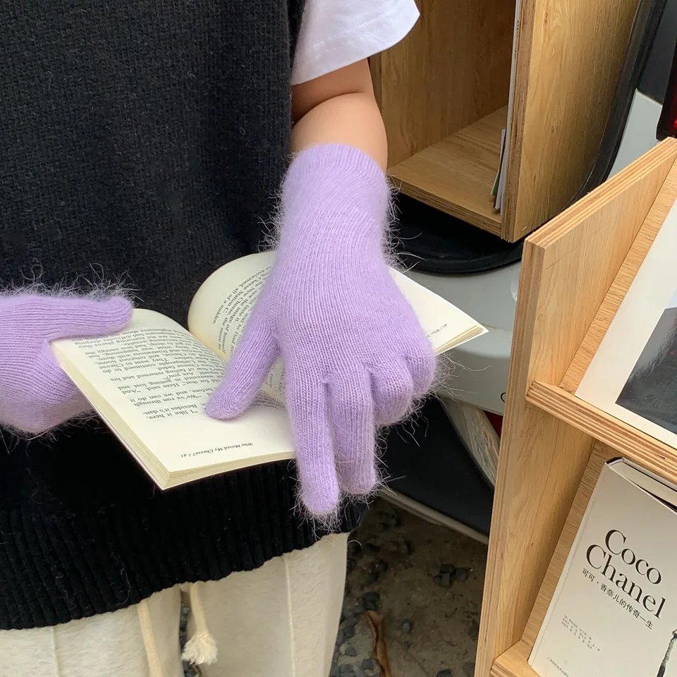 Guantes elásticos de dedos completos para mujer, manoplas largas de lana de conejo, mitones de Color sólido, guantes gruesos y cálidos para