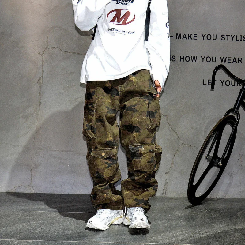 Vibe Retro Camo Multi-Pocket Work Jeans, Men’s Trendy Flared Loose Plus Size Trousers