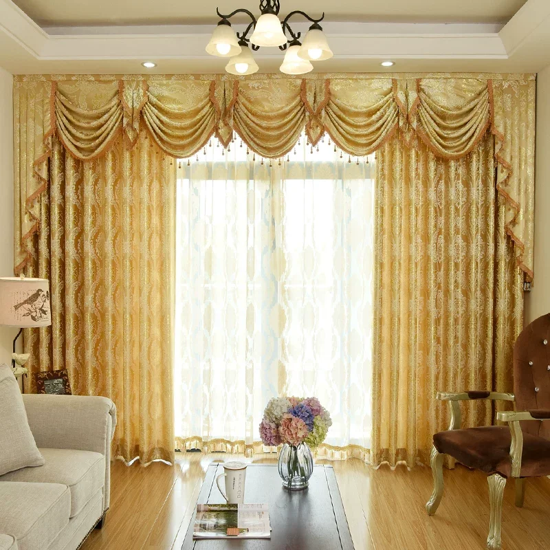 Custom Size European Jacquard Gold Luxury Curtains for Living Room Bedroom Embroidered Windows Blackout Tulle Valance Elegant