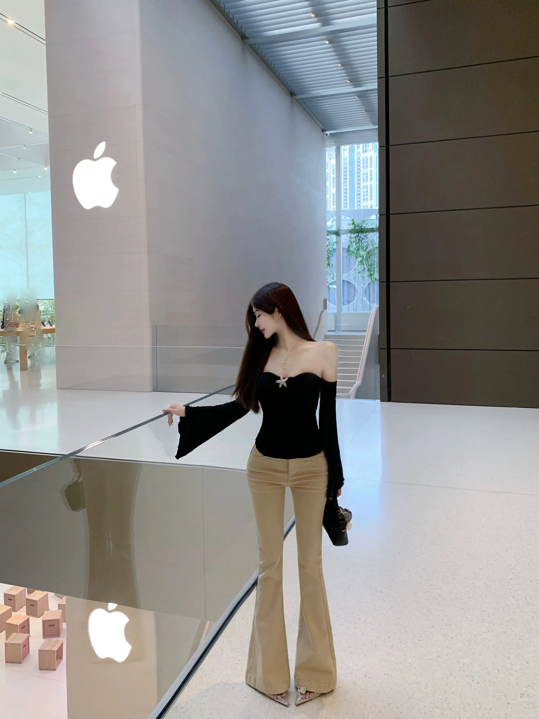 

Korean Sle High Waist Bell Bot Jeans Pure Color l Hip Elastic mid Stretch Long Pants Floor Length ular Online