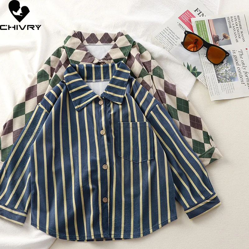 

Boys Girls Casual Striped Letter Print Shirts New 2024 Spring Kids Baby Fashion Long Sleeve Lapel Shirt Tops Children Clothing