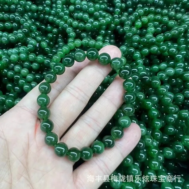 Hetian Jade 8Mm Round Bead Single Strand Bracelet, Spinach Green With Slight Black Spots, Fine Texture