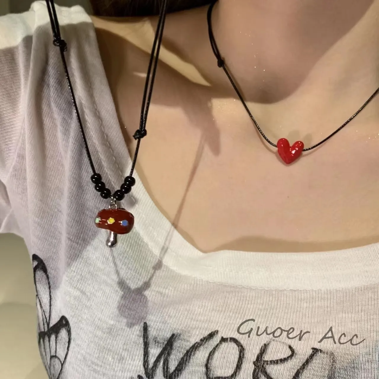 Kpop Trendy Y2K Drip Glaze Mushroom Heart Pendant Rope Chain Choker Necklace For Women Men Grunge Goth Charm Jewelry Accessories