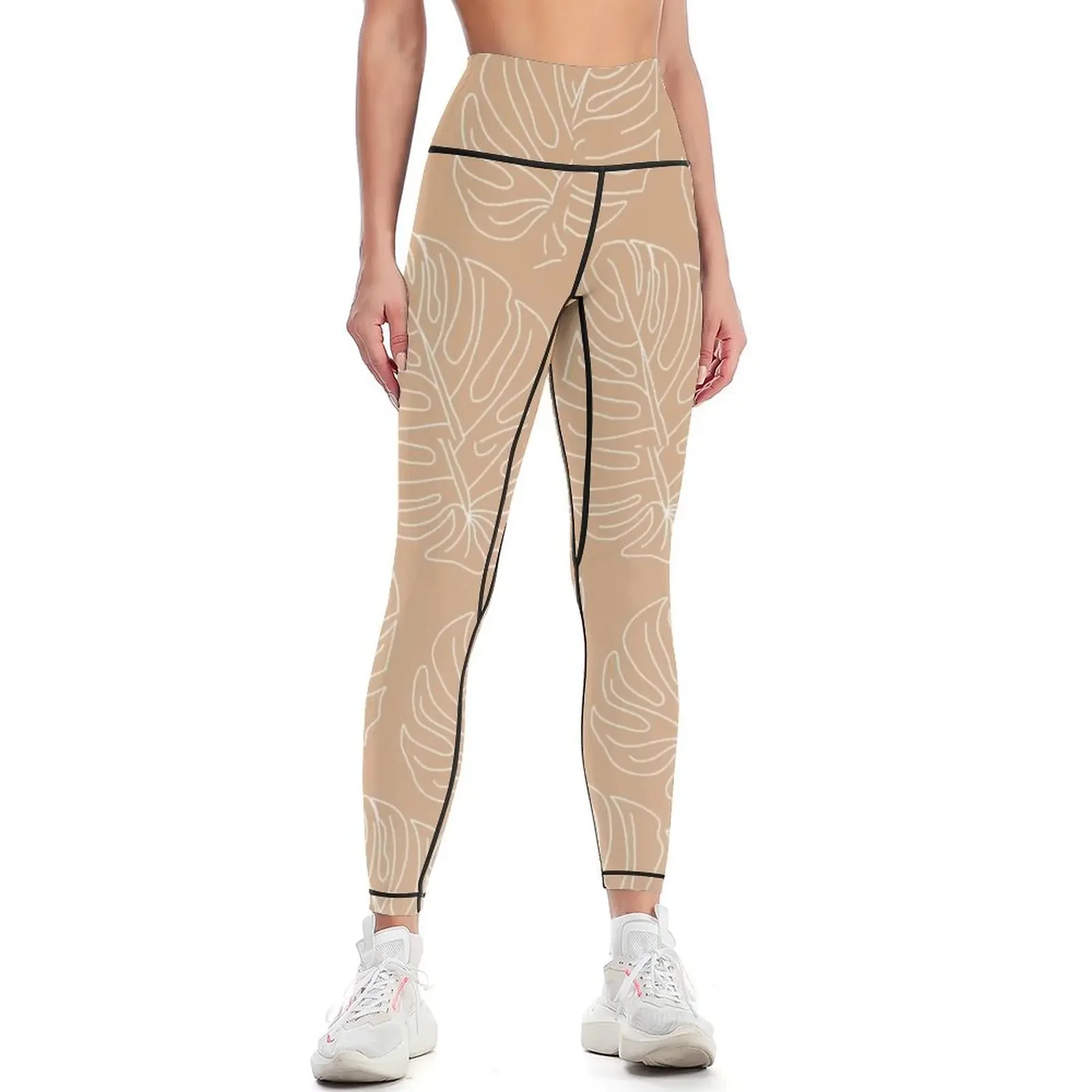 

Tan Tropical Leaves Pattern Leggings Tight fitting woman harem pants Women's gym Women's sports pants Womens Leggings