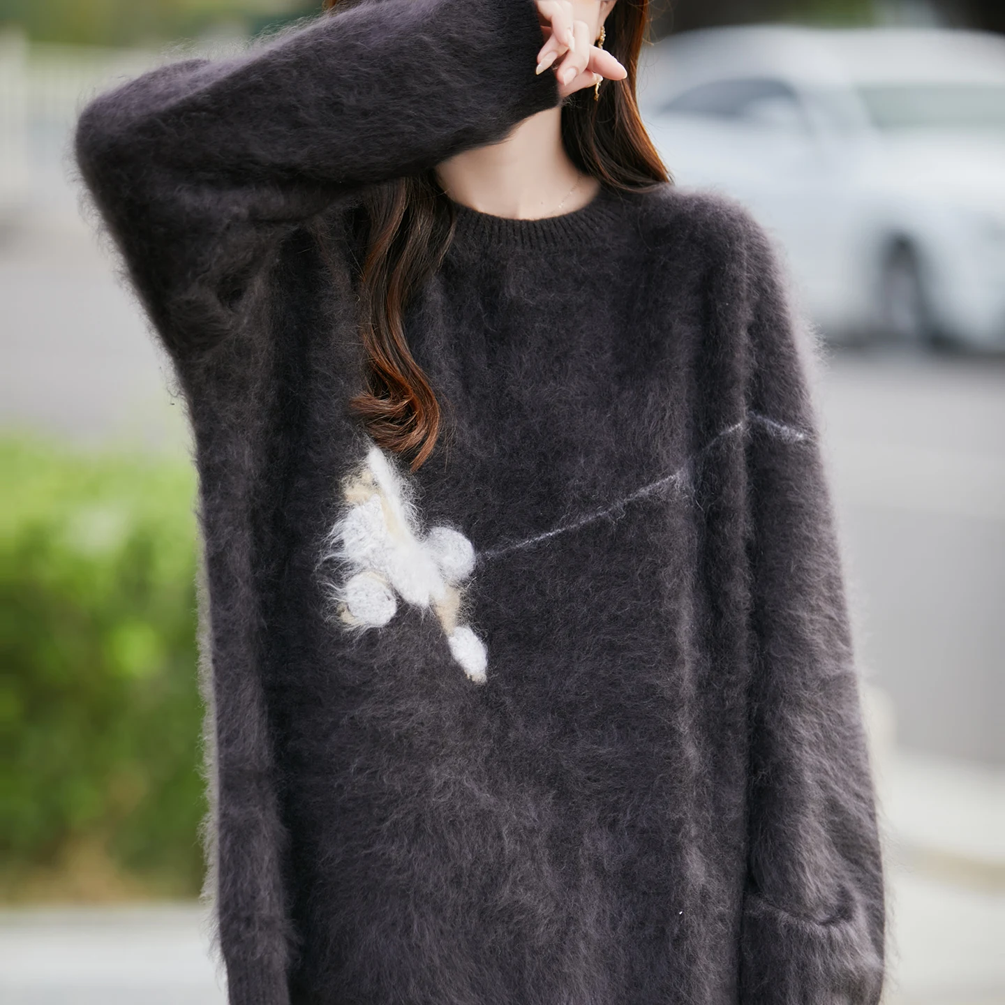 Sweter damski ze 100% czystej wełny na jesień i zimę, luźny, dzianinowy top z haftem złotej rybki i wzorem żakardowym, swobodne pulowery.