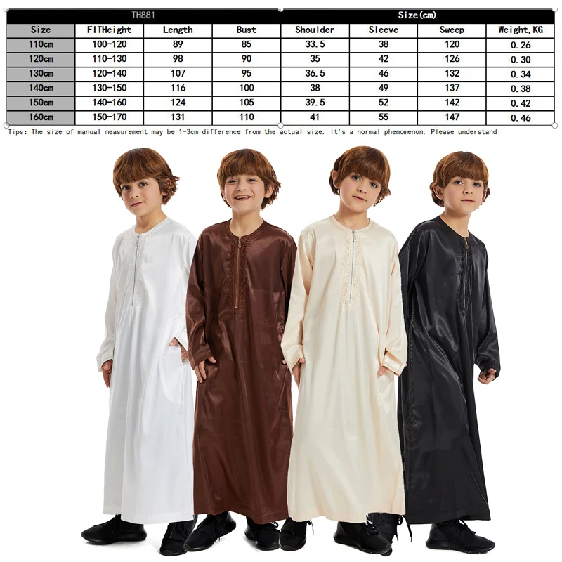 Robe musulmane à manches longues pour garçons, Thobe Abaya, Arabie saoudite, Kaftan islamique, Fermeture à glissière, Arabe, Dubaï, Robe avec poches