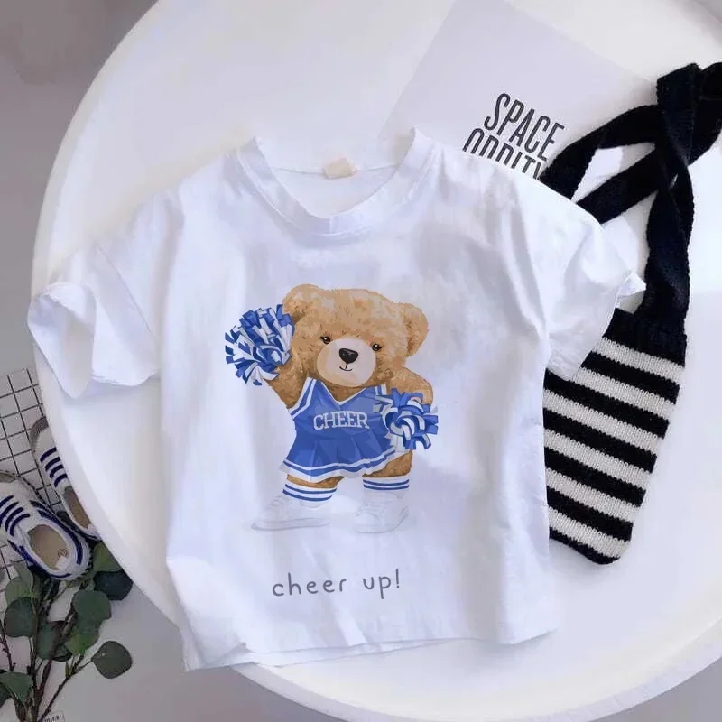 Cool Spa Teddy Bear Wearing Bath Robe Towel And Sunglasses Graphic Print Kids Short Sleeve Tee Casual Crew Neck Daily Top