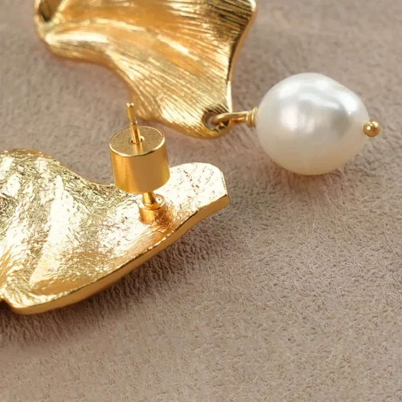 Litheline 24K Gold Plated Brass Draped Leaf Earrings, Hand-Textured Baroque Pearl Designer Piece Artisanal Luxury Jewelry view 2