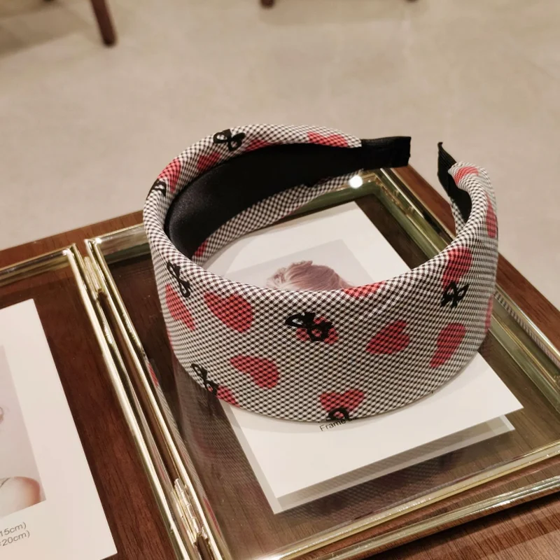 College Style Checkered Bow Headband Hair Bands Vintage Heart Print Fabric Hairband Hairpin view 6