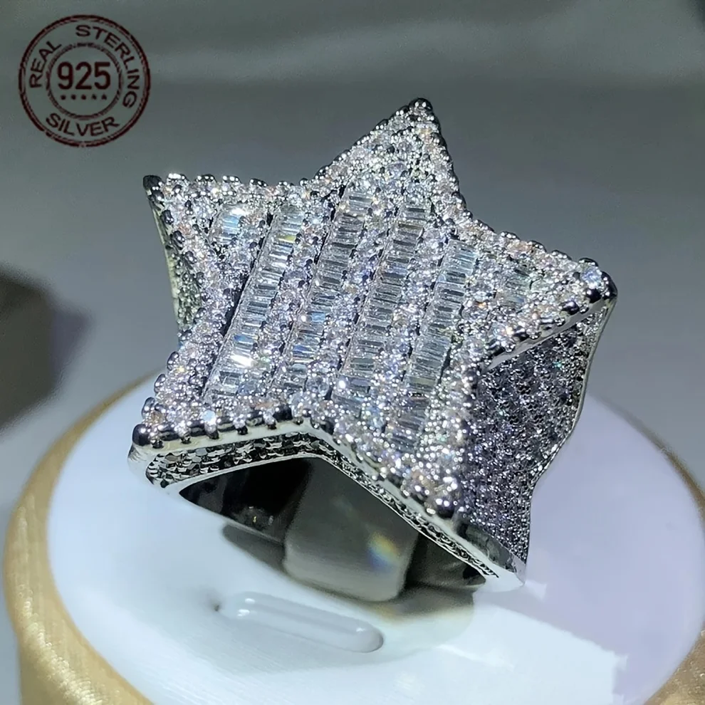 

Роскошное кольцо из стерлингового серебра 925 пробы со сверкающим цирконом, кольцо в стиле хип-хоп, кольца в форме пяти звезд для мужчин, преувеличенные ювелирные изделия