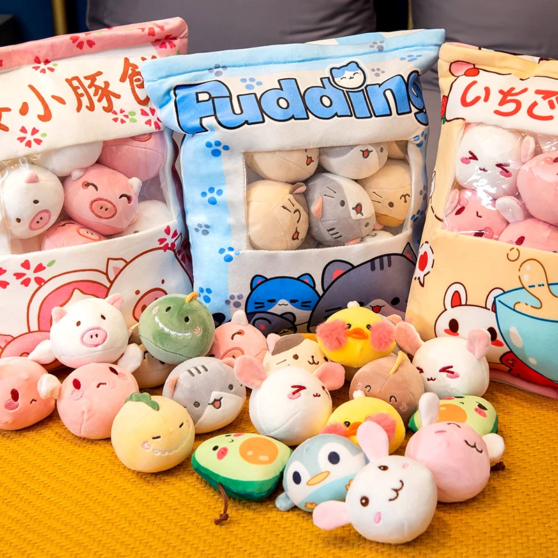 Pudding Bag Candy Bag Mini Puff Balls Banana Avocado Strawberry Axolotls Dolls Penguin Cat Bunny Snack Food Pillow