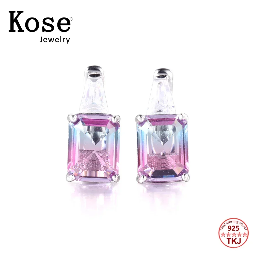 KOSE Bohemian Style Luxury Natural Tourmaline Earrings Square Real 925 Sterling Silver Stud Earrings For Women Beach Travel