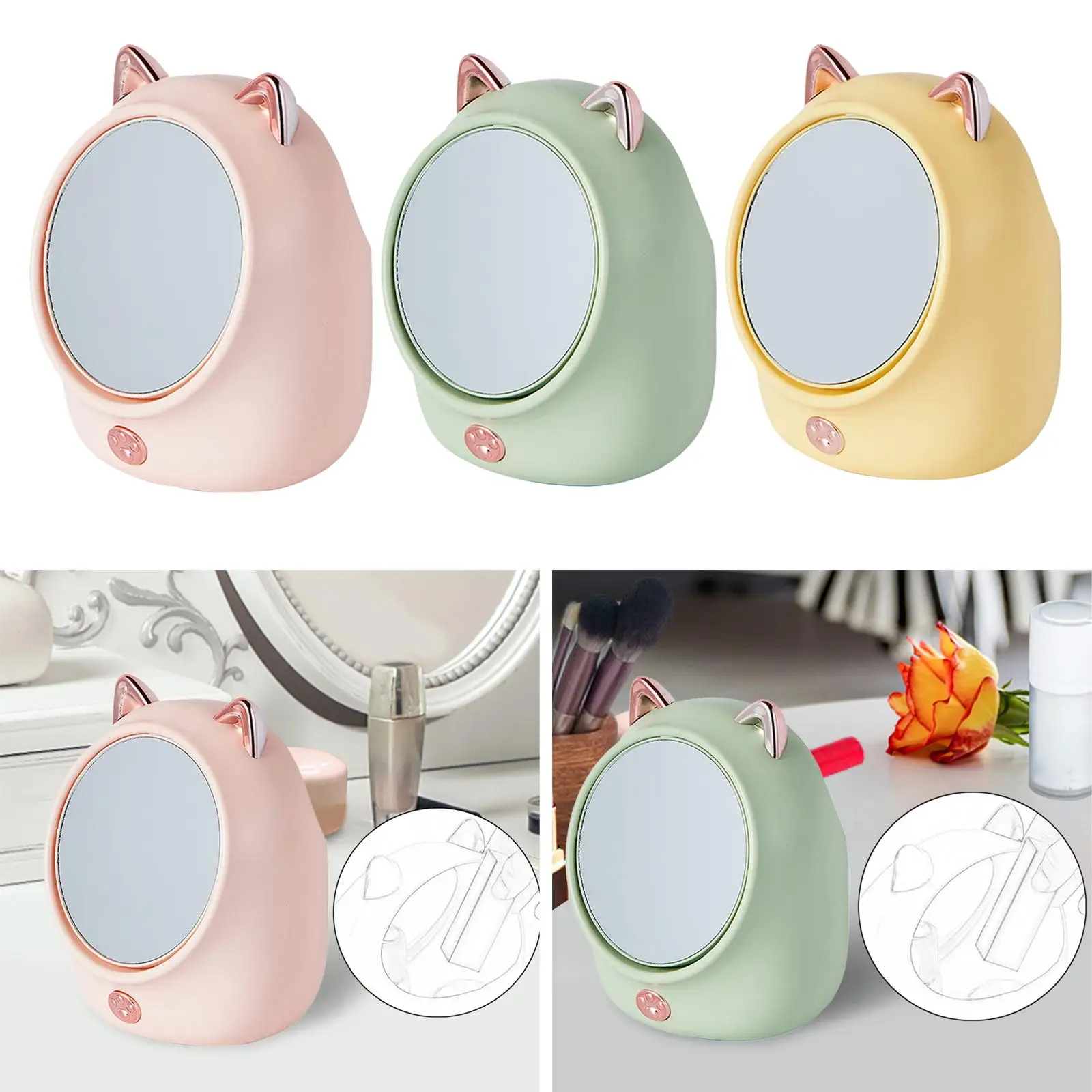 Boîte de rangement de maquillage avec miroir double face, étui cosmétique, miroir de courtoisie, 360