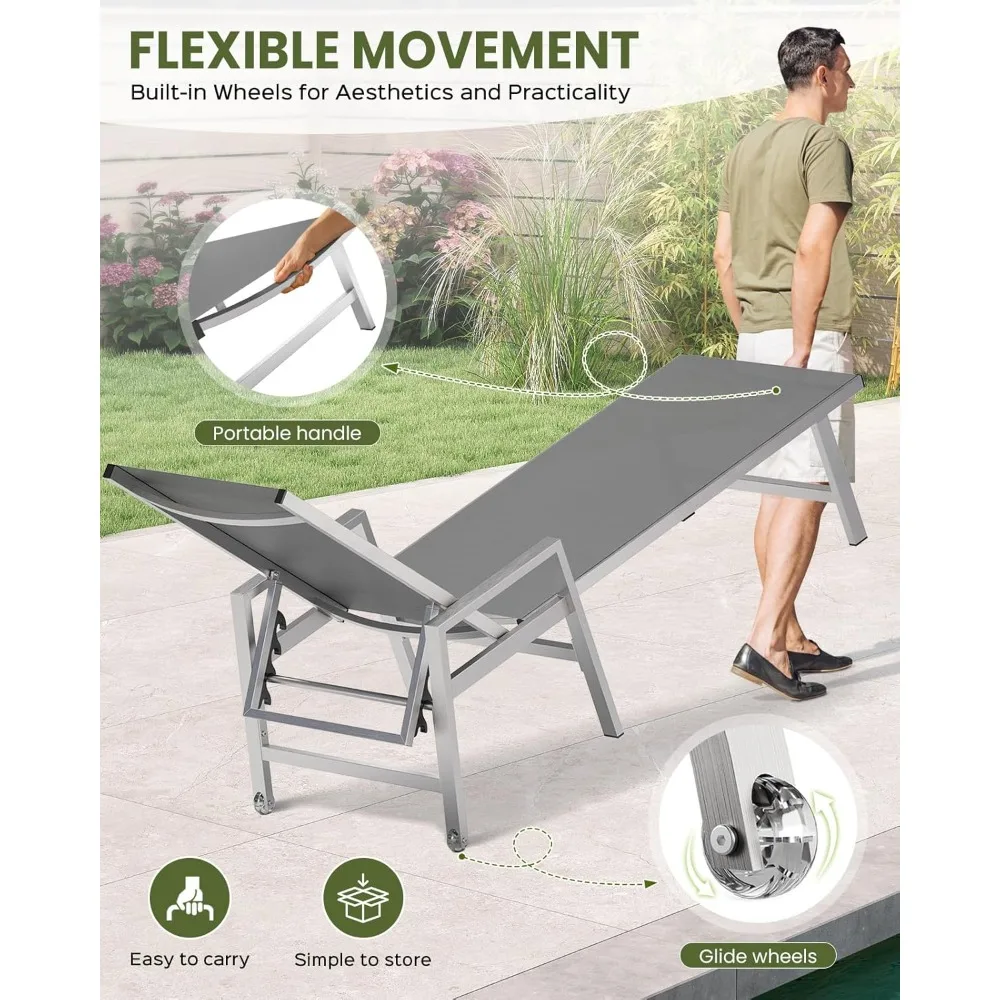 เก้าอี้พักผ่อนกลางแจ้งแบบมีล้อและที่วางแขน, เก้าอี้พักผ่อนริมสระน้ำทำจากอลูมิเนียม ปรับเอนได้ 5 ระดับ