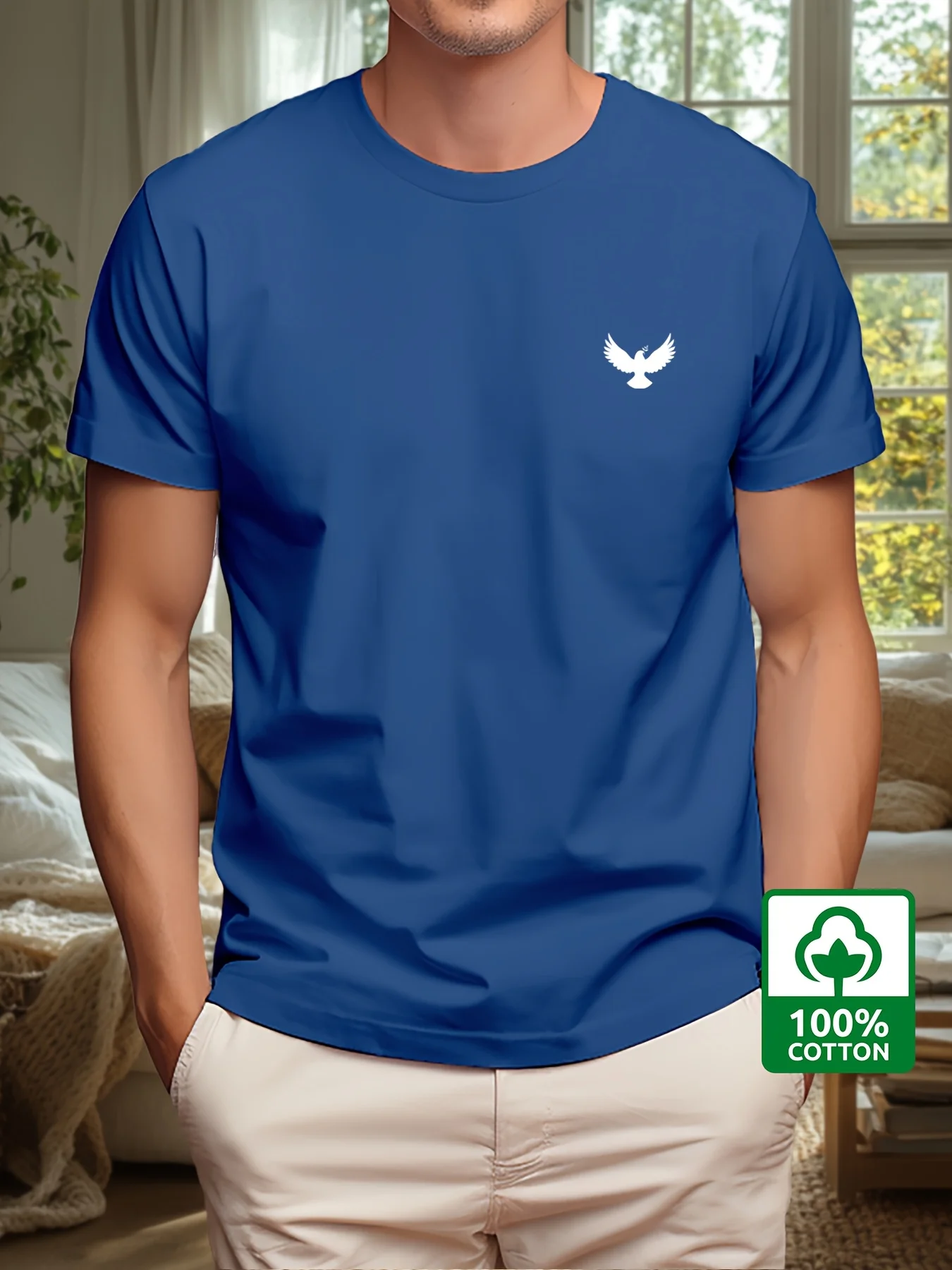 Camiseta holgada de manga corta con cuello redondo y estampado de paloma y paz para hombre, 100% algodón, moda deportiva y ocio, verano