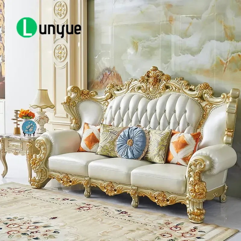European American Style Solid Wood Sectional Sofa First Layer Genuine Leather Large Villa Living Room Furniture for Apartment