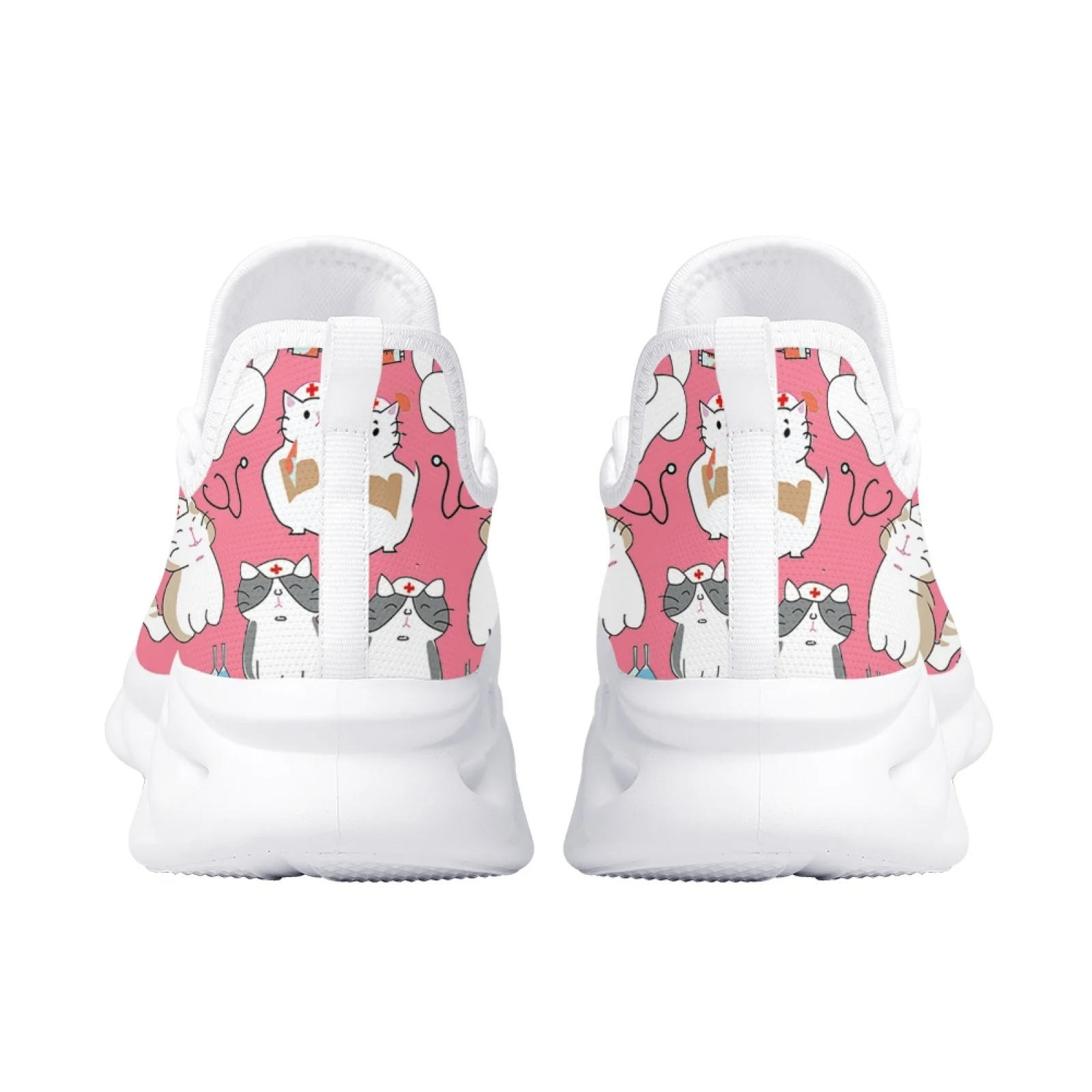 INSTANTARTS Nurse Cat Lady Shoes Cartoon Cat Print Thick Sole Blade Shoes Comfortable Lace Up Knitted Sneakers Pet Medical Shoes