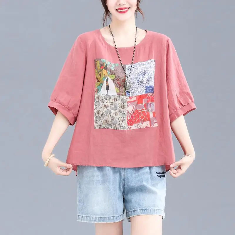 Women Vintage Print Bow Oversized Cotton Linen Blouse Summer Simple Casual Short Sleeve Shirt All Match Comfortable Tops Blusas