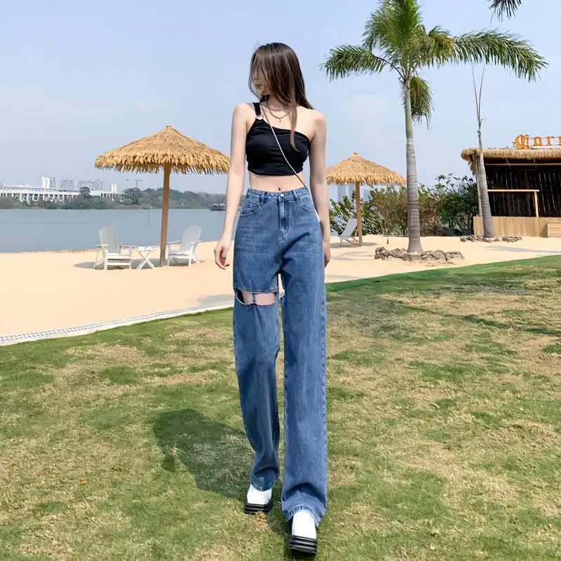 

Pants for Women Blue Hole Jeans Overalls Vintage Streetwear Holes Wide Leg Pants Casual Baggy Denim Trousers Retro Denims A247