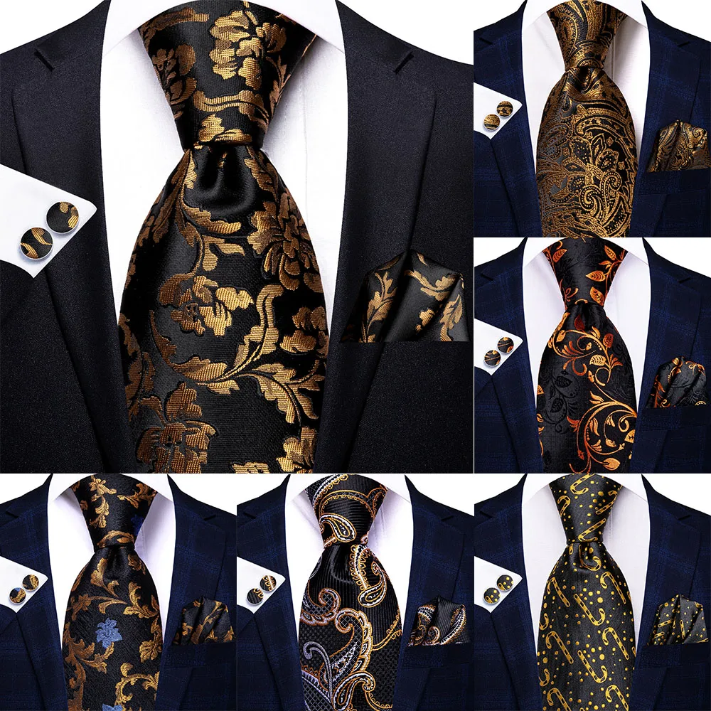 Hi-Tie Black Gold Floral Striped Silk Wedding Tie For Men Handky Cufflink Mens Necktie Fashion Design Business Party Dropship