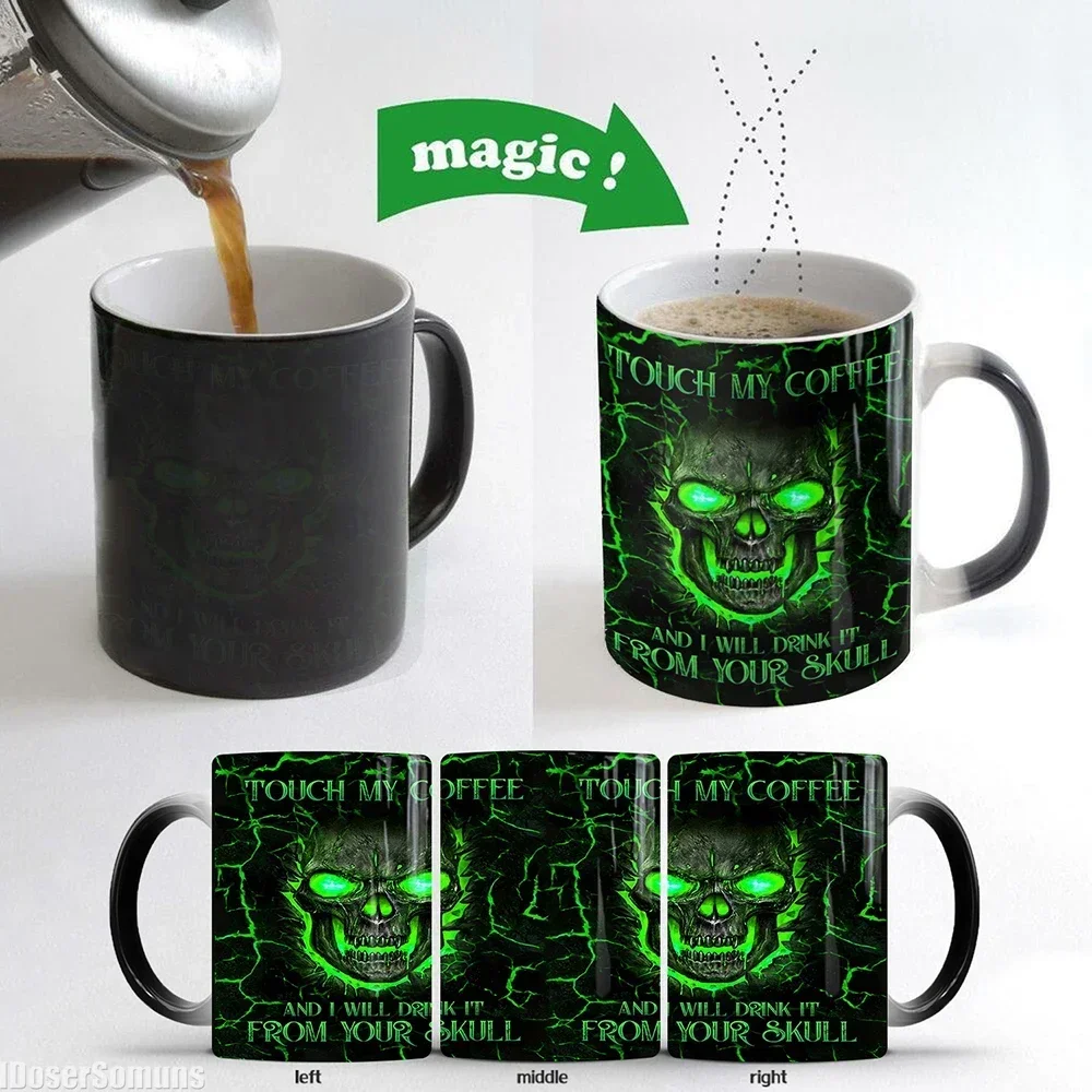 Mug Gamer Husband Tea Cup Color Changing Cups Touch My Coffee Mug 11oz 3D Fire Skull Black Ceramic Coffee Mug Halloween Gift