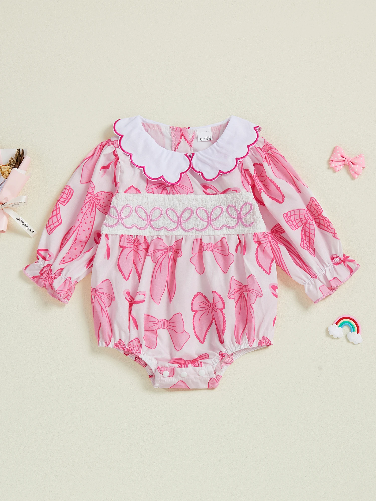 

Adorable Infant Girls Autumn with Cute Bow Design and Delicate Embroidery on Doll Collar Cozy Long Sleeve Bubble