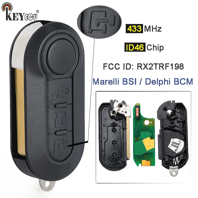 KEYECU 433MHz ID46 Chip Marelli BSI / Delphi BCM RX2TRF198 Flip Remote Key Fob do Fiat 500L MPV Ducato Citroen Jumper Peugeot