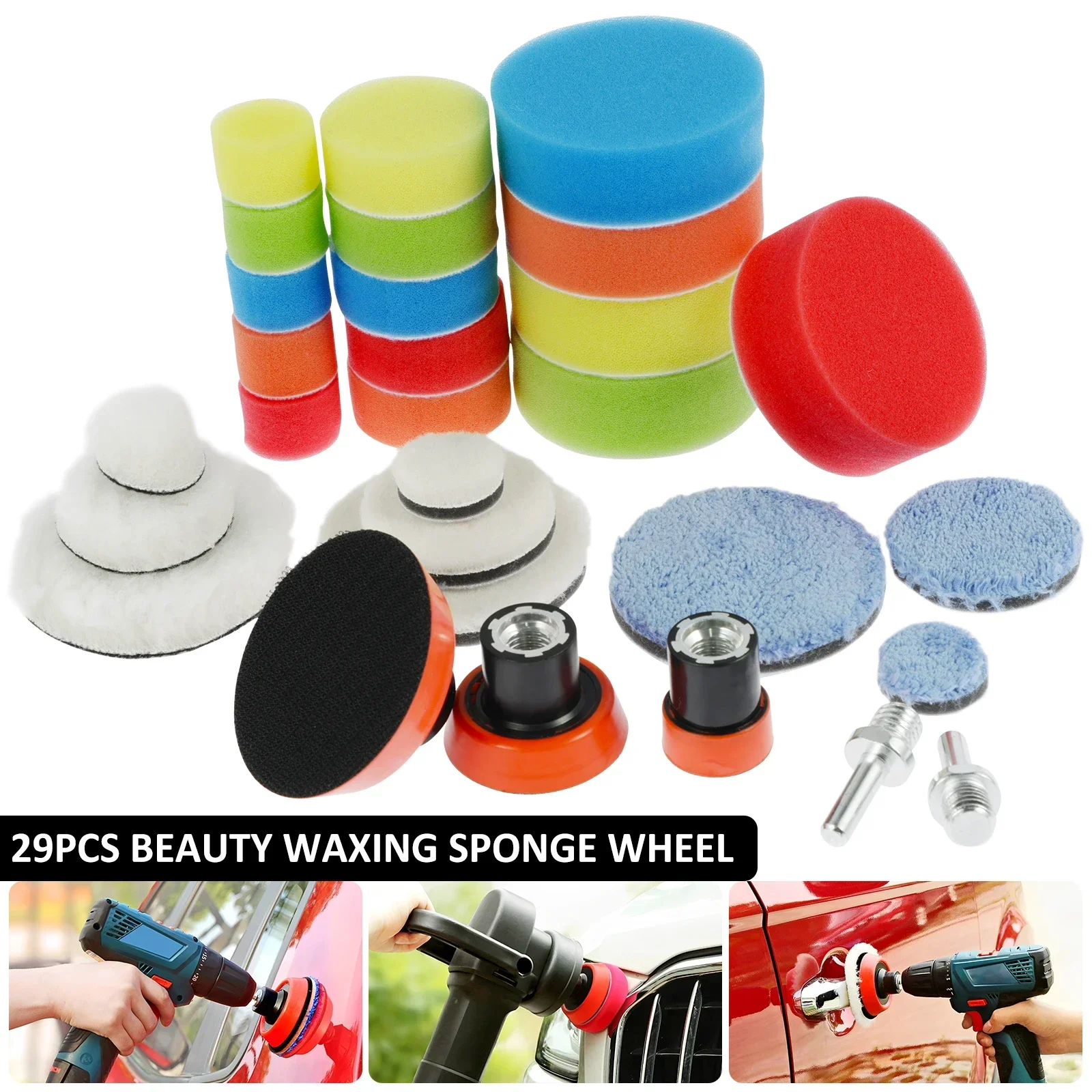 29Pcs Car Foam Wool Polishing Buffing Pad Kit, Drill Attachment Sponge Pads Set for Auto Waxing Buffing Sealing Glaze Detailing