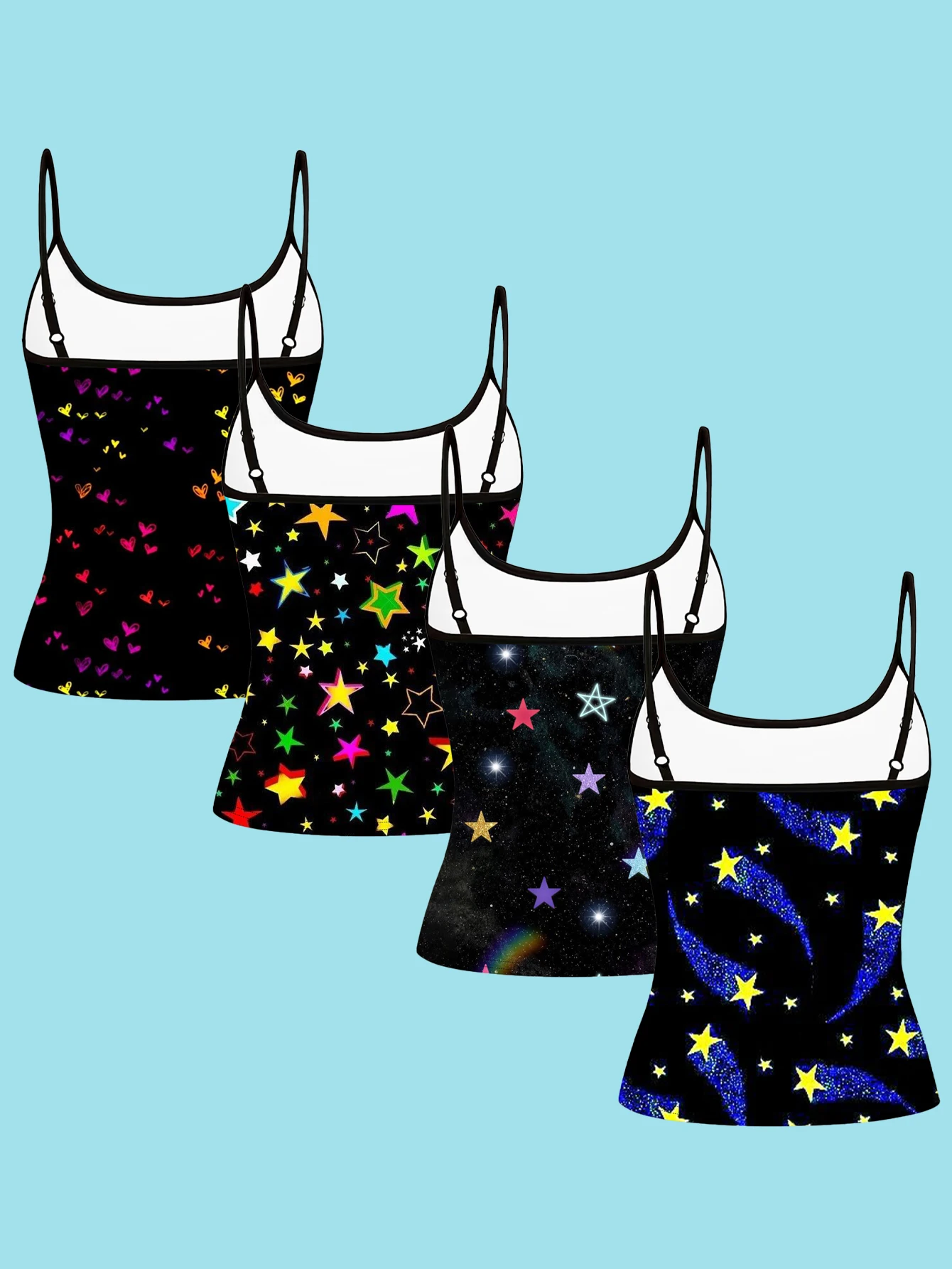 4-Piece Set of Women's Y2K Colorful Starry Sky Print Camisoles, Sweet and Cool Crescent Moon Meteor Millennium Style Slim-Fit Spaghetti Strap Inner Tops