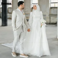 Customized Muslim High Collar A-line Wedding Dresses Brush Train Ribbon Full Draped Pleat Bride Gown Floor Length robe de mariée