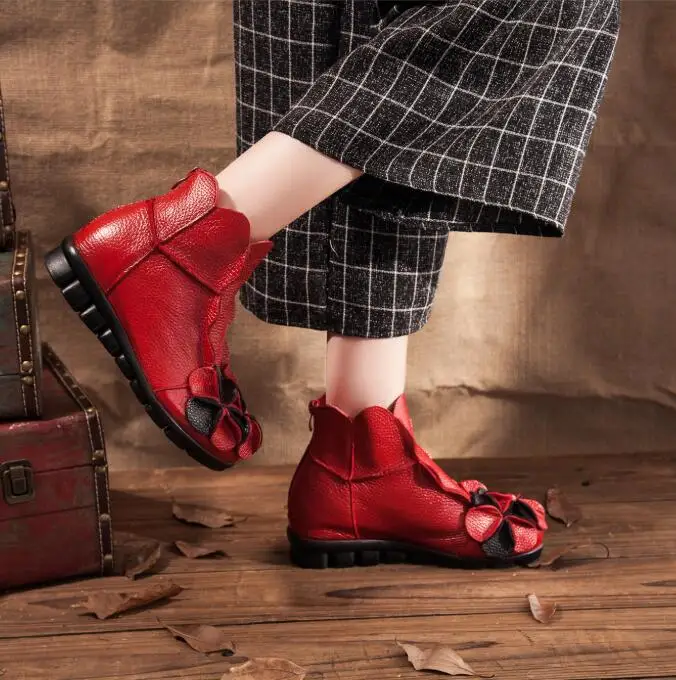 Women's Handmade Short Boots Solid Color Low Heel Genuine Leather Soft Comfortable Shoes Floral Design