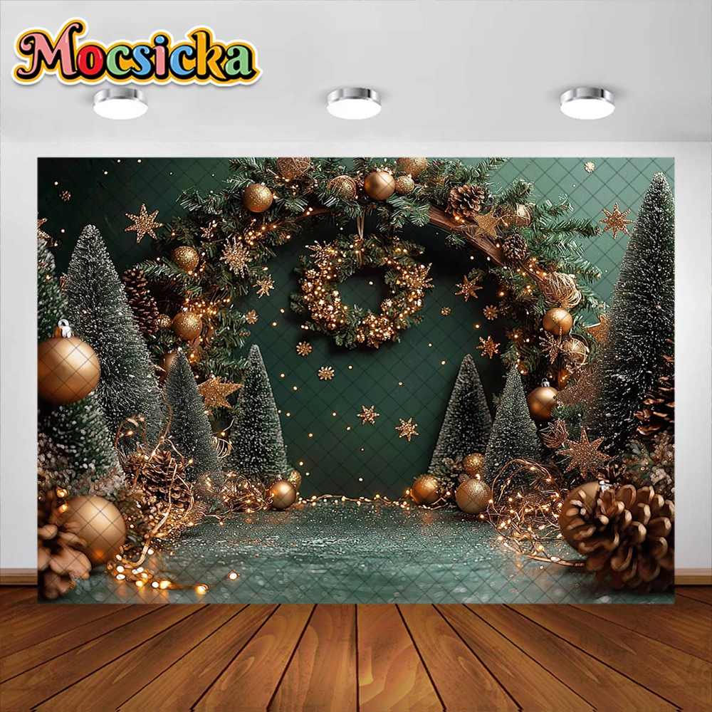 Fondo de fotografía de Navidad, corona de árbol de Navidad, suministros de decoración de estrellas doradas, fondos de retrato de foto de vacaciones para niños