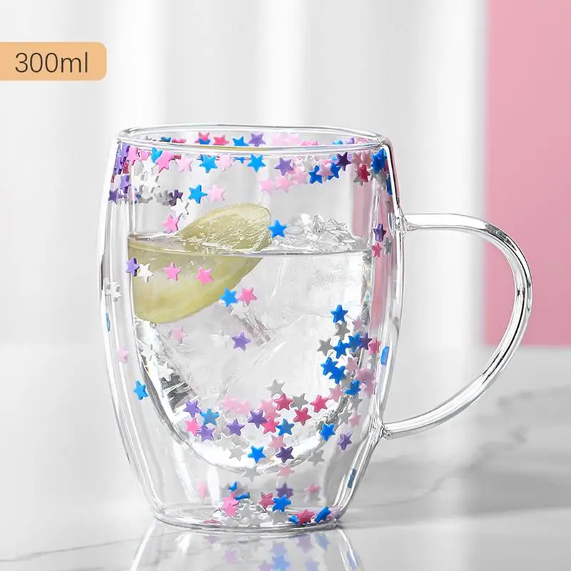 Double Walled Glass Cup Aesthetic Clear Insulated Glass Coffee Mug High Borosilicate Glass Mug Beer Juice Coffee Water Cup 300ml