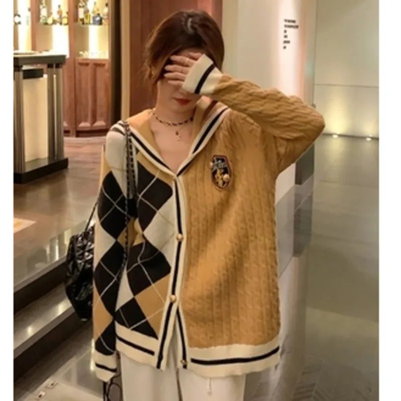 Spring Autumn Knitted Cardigan Women Navy Collar Single Breasted Patchwork Loose Sweater Korean Casual Female Warm Knitwear Coat