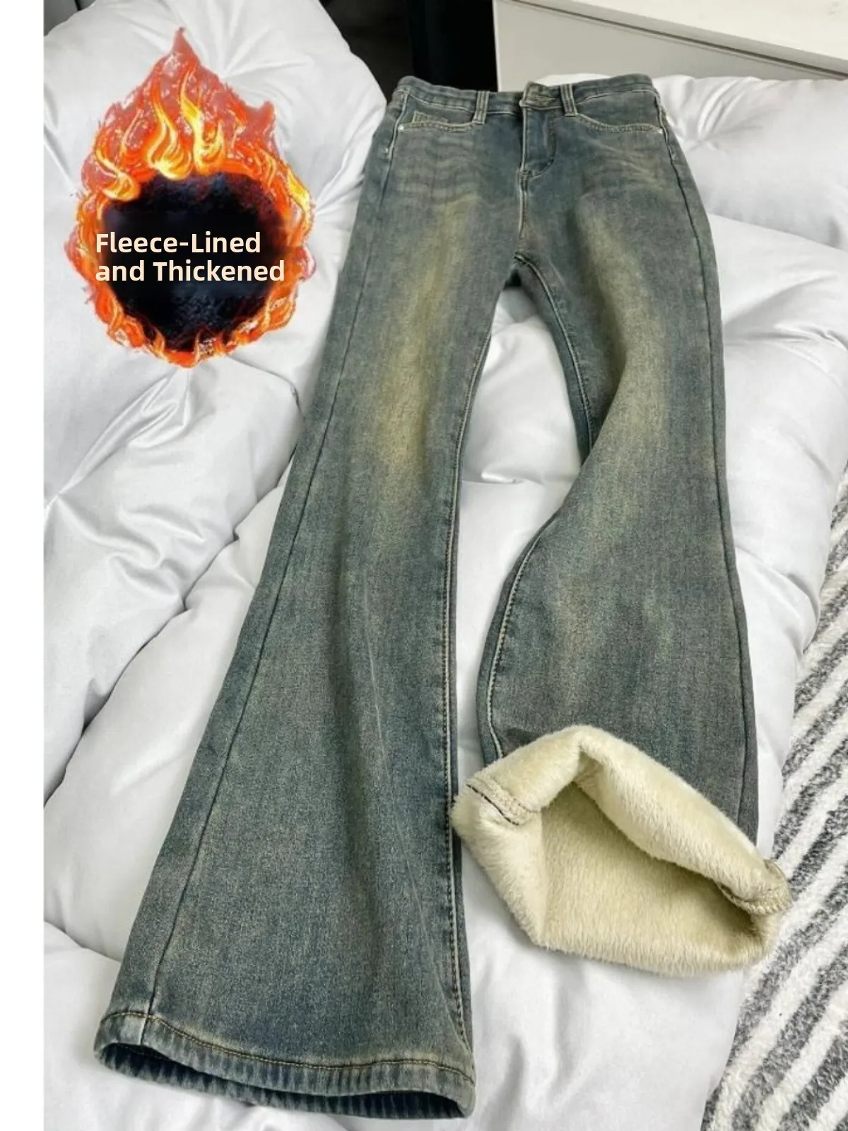 Retro Blue Flared Jeans Women's Autumn Winter Thiened Fce High Waist Large Size Slimming Wide Leg Pants