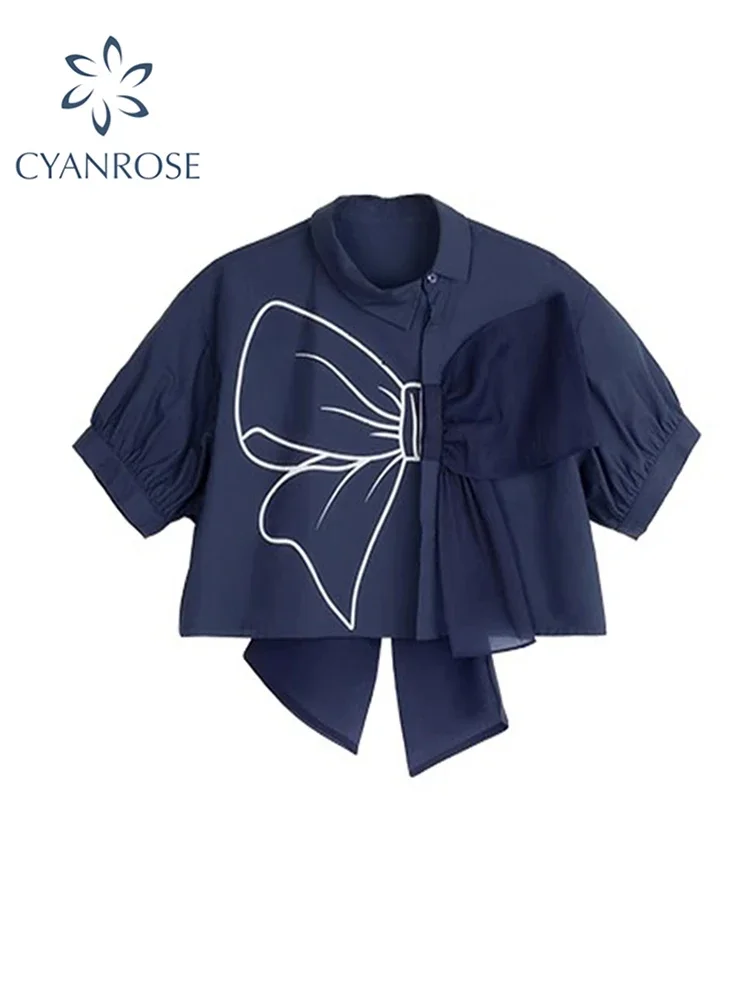 Women Bow Shirt and Blouse Y2k Short Sleeve Blouse Harajuku Casual Elegant Kawaii Royal Blue Shirt Top 2023