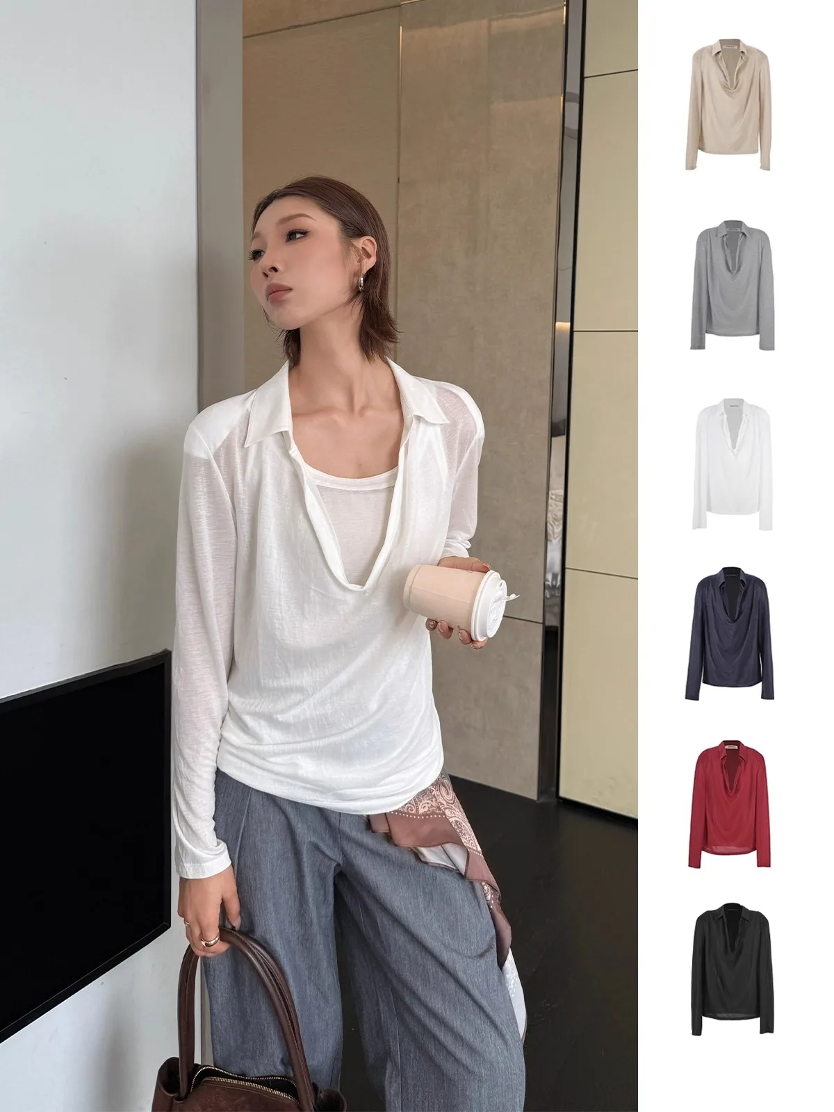 

YOEYYOU Brand Long Sve T-irt Waist Cinched Small Collar Casual Sle Women's irt Straight Cut Regular Thin