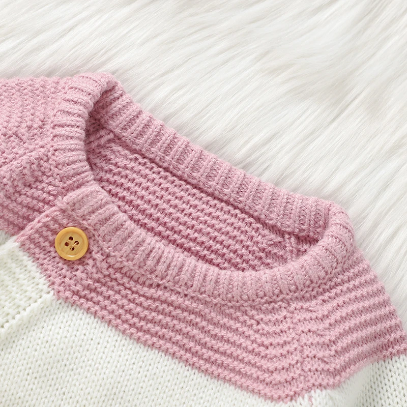 Suefunskry Baby Girl Boy Sweater Romper Striped Crew Neck Long Sleeve Full Length Knitted Jumpsuit for Fall Winter