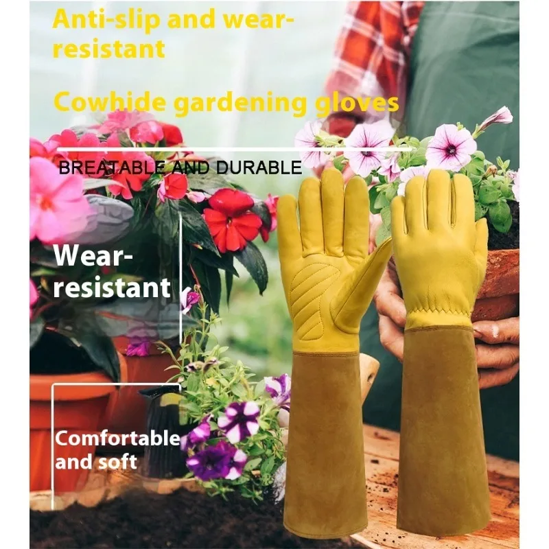 Cowhide Gardening Gloves Long Sleeve Thorn Proof Cut Resistant Welding Work Glove Heavy Duty Beekeeping Plant Protective Gauntle