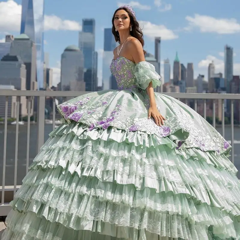 Personnalisé vert menthe épaules dénudées Quinceanera robe Tull applique fleur dentelle superposition robes de 15 Quinceanera ﻿