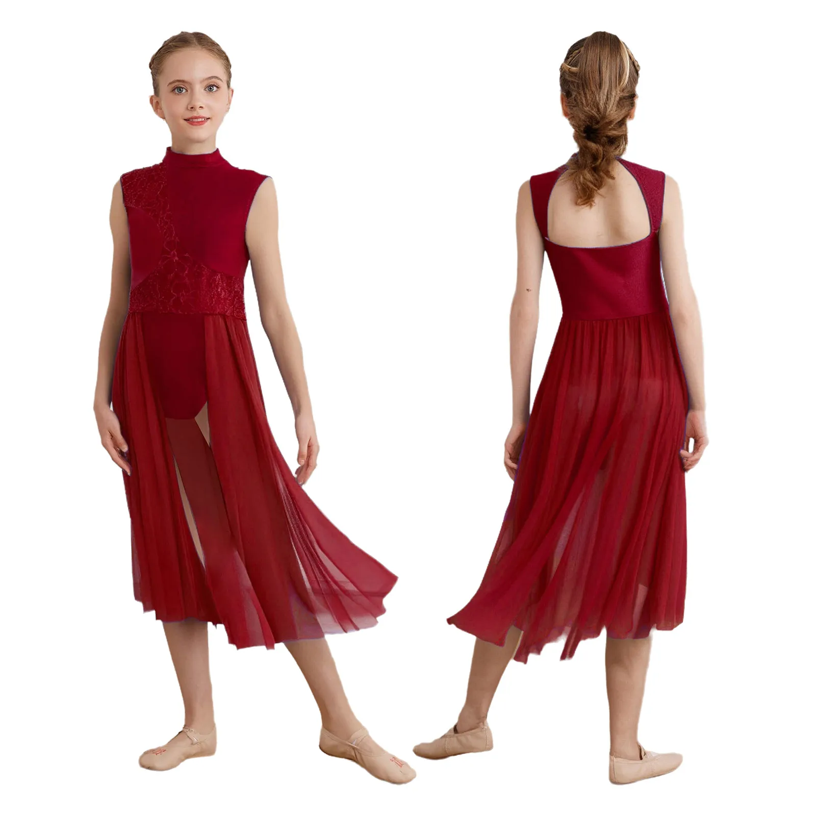 الفتيات الأزهار الدانتيل المرقعة فستان رقص غنائي بلا أكمام الباليه الجمباز الشكل التزلج يوتار فستان Dancewear المعاصرة