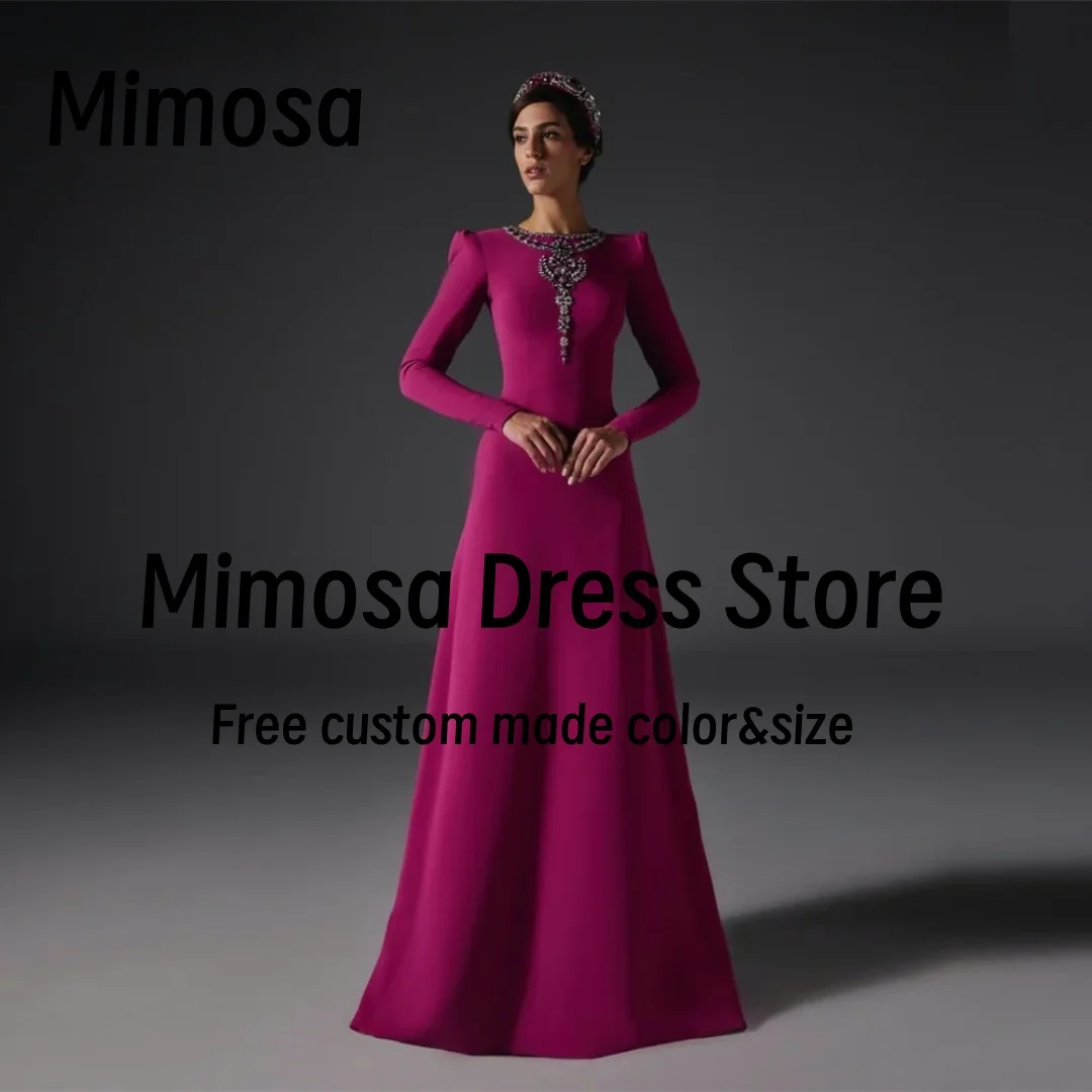 Mimosa O-Neck Evening Dresses Beaded Zipper Back Prom Party Dress Long Sleeves Sweep Train Satin Formal Occasion Gown Customized