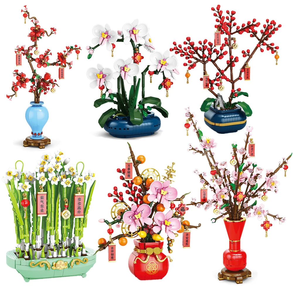 Flower Bouquet Plum Blossom Peach Blossom Narcissus Bonsai Potted Plant Building Blocks Model Home Decoration Toy For Kids Gift﻿