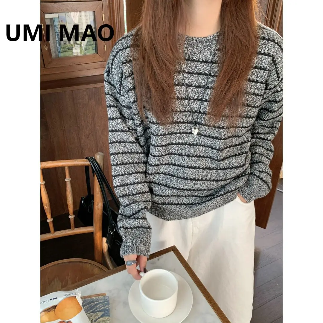 

UMI MAO универсальный полосатый шерстяной топ, мягкий свободный дышащий свитер для женщин, серая серия, вязаный свитер в ленивом стиле