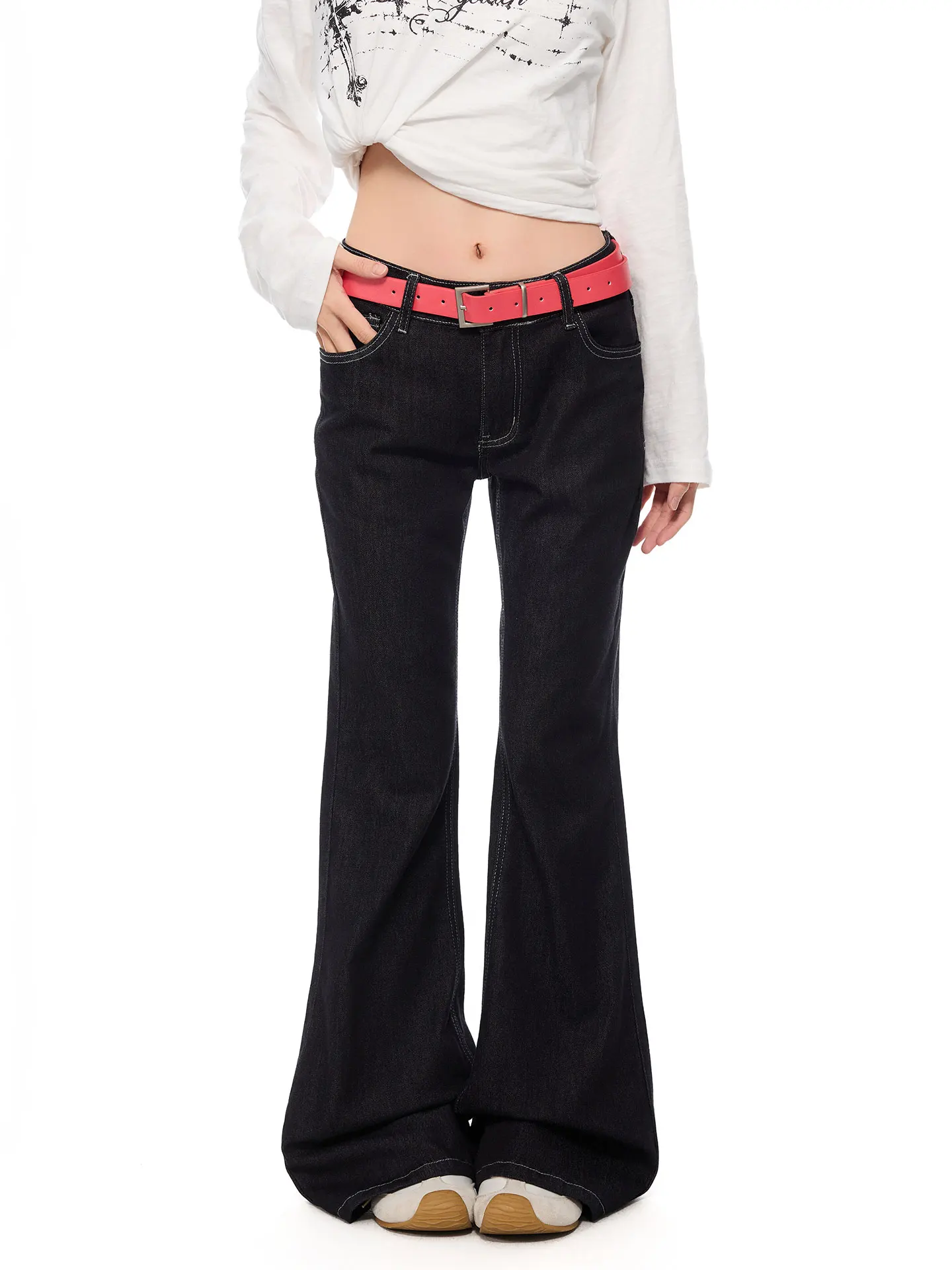 Retro Original Color American Street Slim Leg Low Waist Denim Micro Flared Pants Women's Spicy Butt Covering Floor Length Fla...