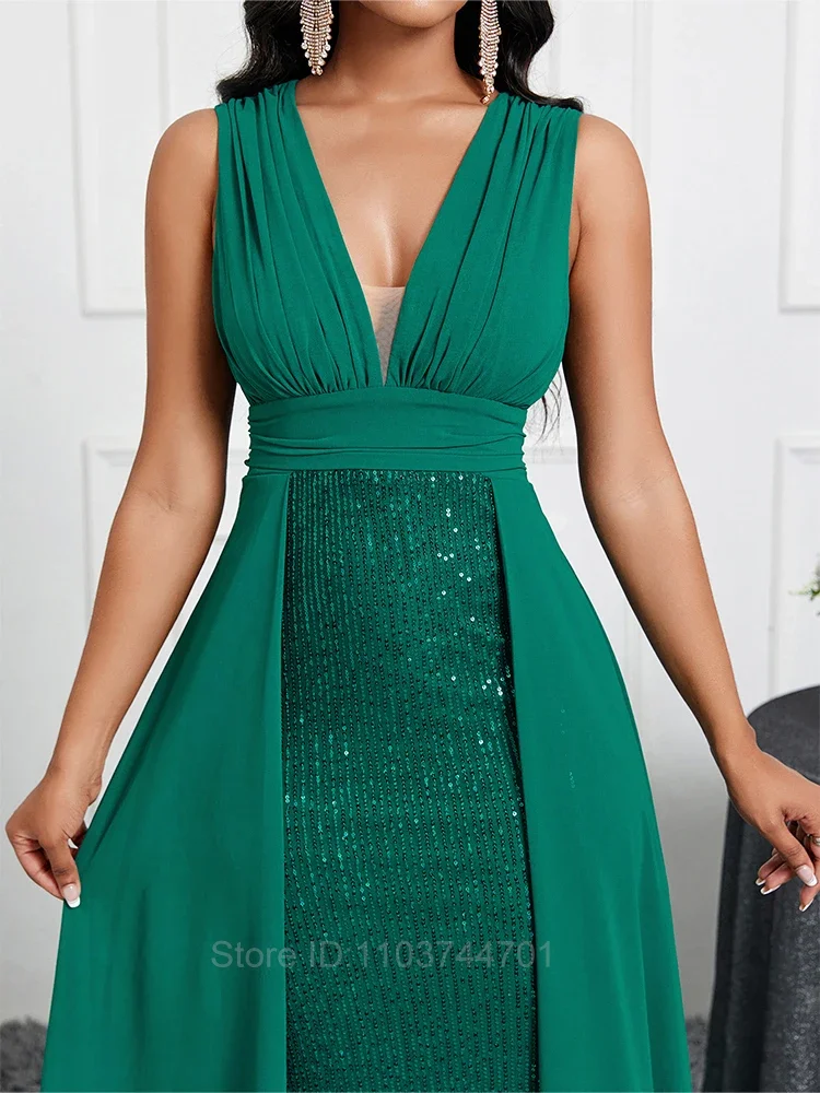 Sexy senza spalline paillettes Pacthwork Maxi abito plissettato donna verde senza maniche Backless drappeggiato Slim abito lungo da sera