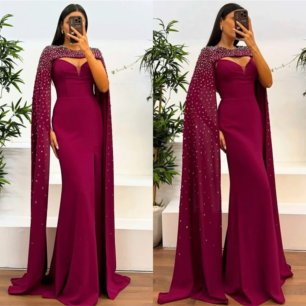 Customized Elegant Jersey O-Neck Evening Dress Luxury Watteau Train Homecoming Dress Sparkly Crystal Special Occasion Gowns