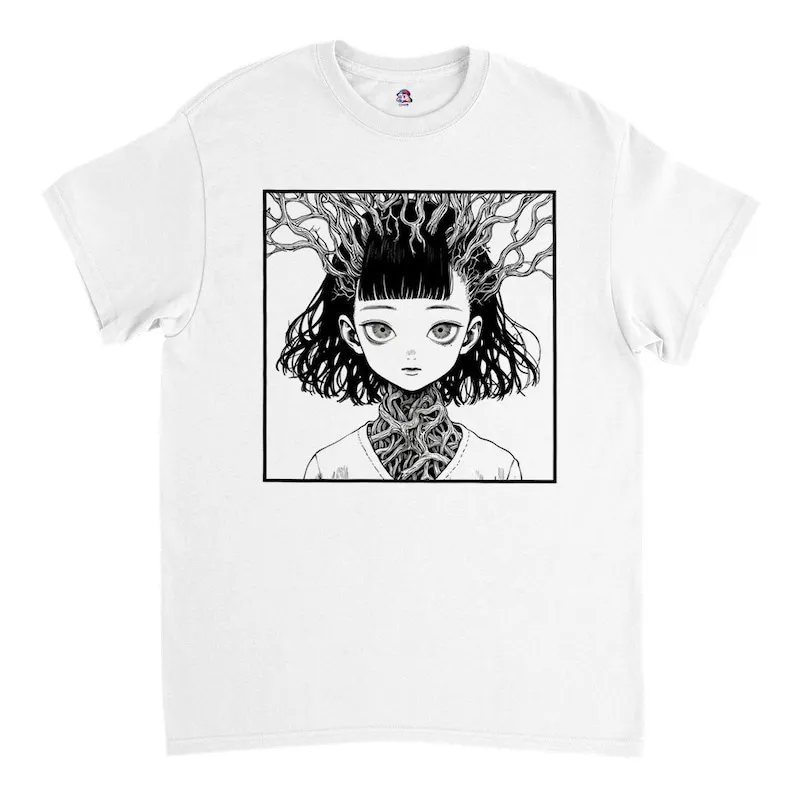 Anime T-shirt, Girl With Roots Out Of Her Head, manga, horror, Junji Ito style, Shintaro Kago style.