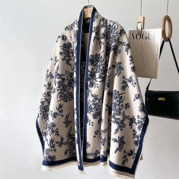 Zimowy ciepły szal Elegancki kwiatowy szalik kaszmirowy Kobiety Gruby koc Pashmina Bufanda Tassel Kobiecy długi foulard 2024